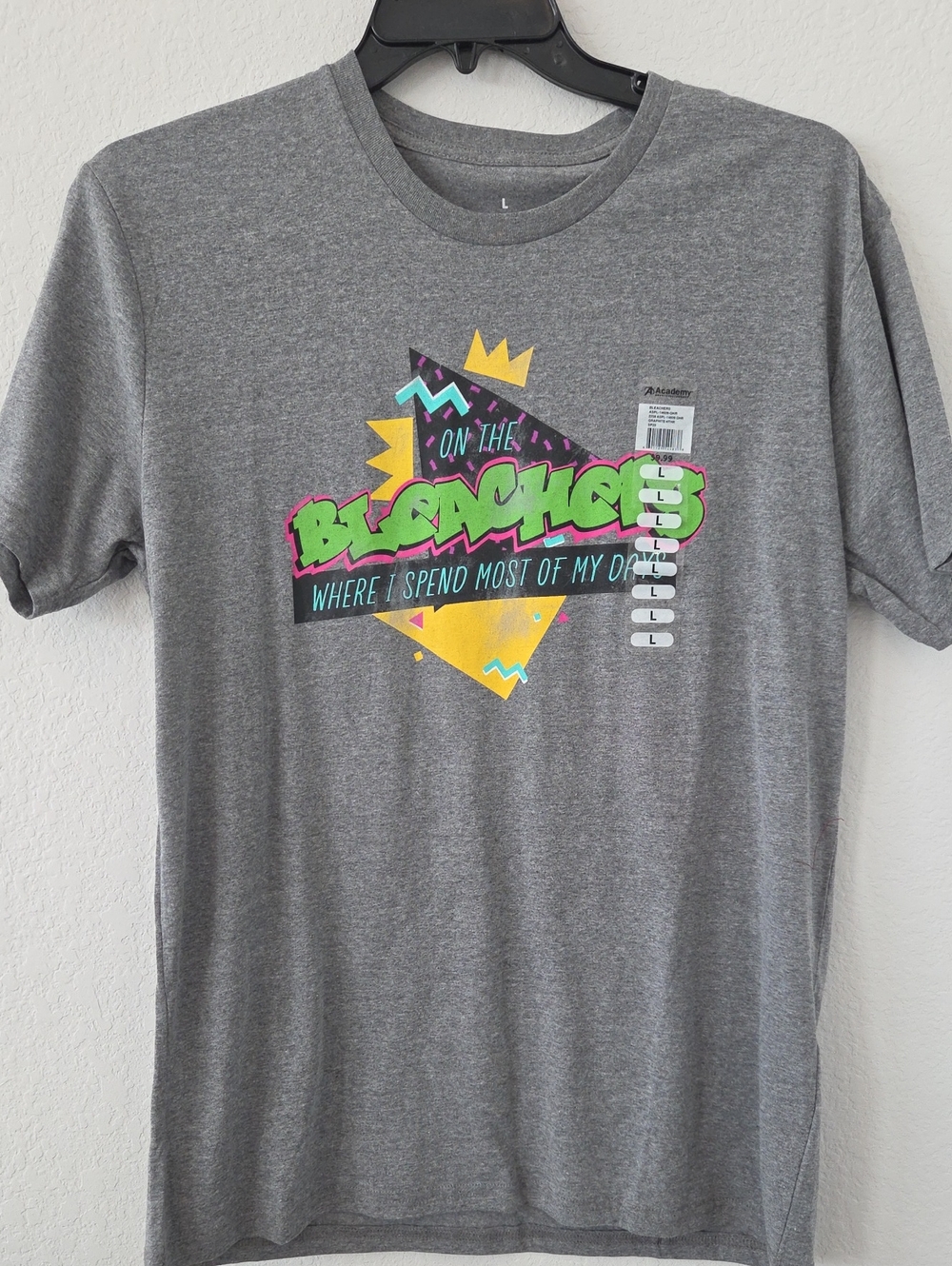 Mens Grey Short-Sleeve Graphic Retro 80s Tee Neon Geometric Design Funny